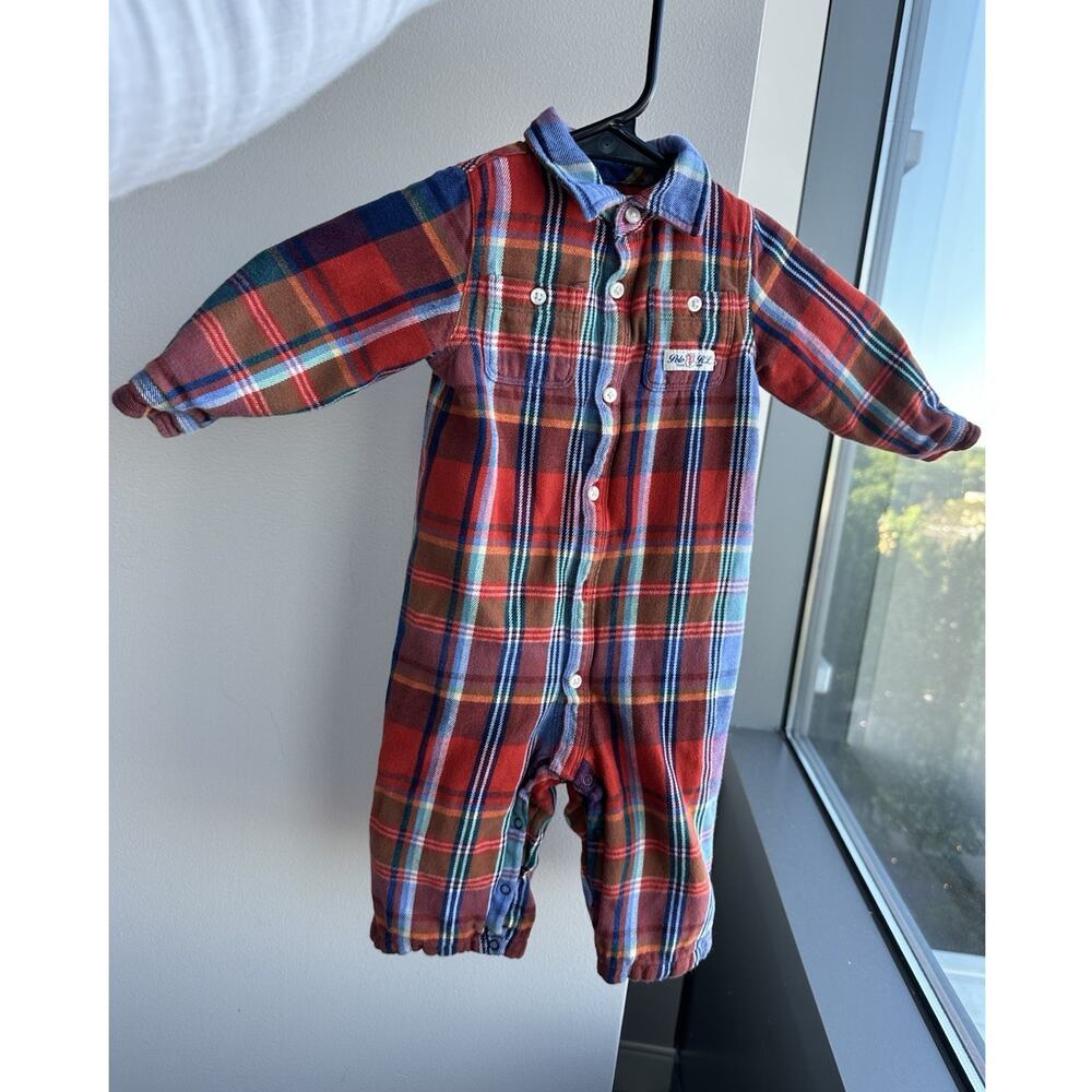 Ralph Lauren Baby Plaid Flannel Cotton Coverall Romper Long Sleeve Button 9M